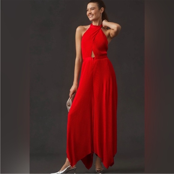 Anthropologie Red Plisse Halter Jumpsuit - Picture 2 of 16
